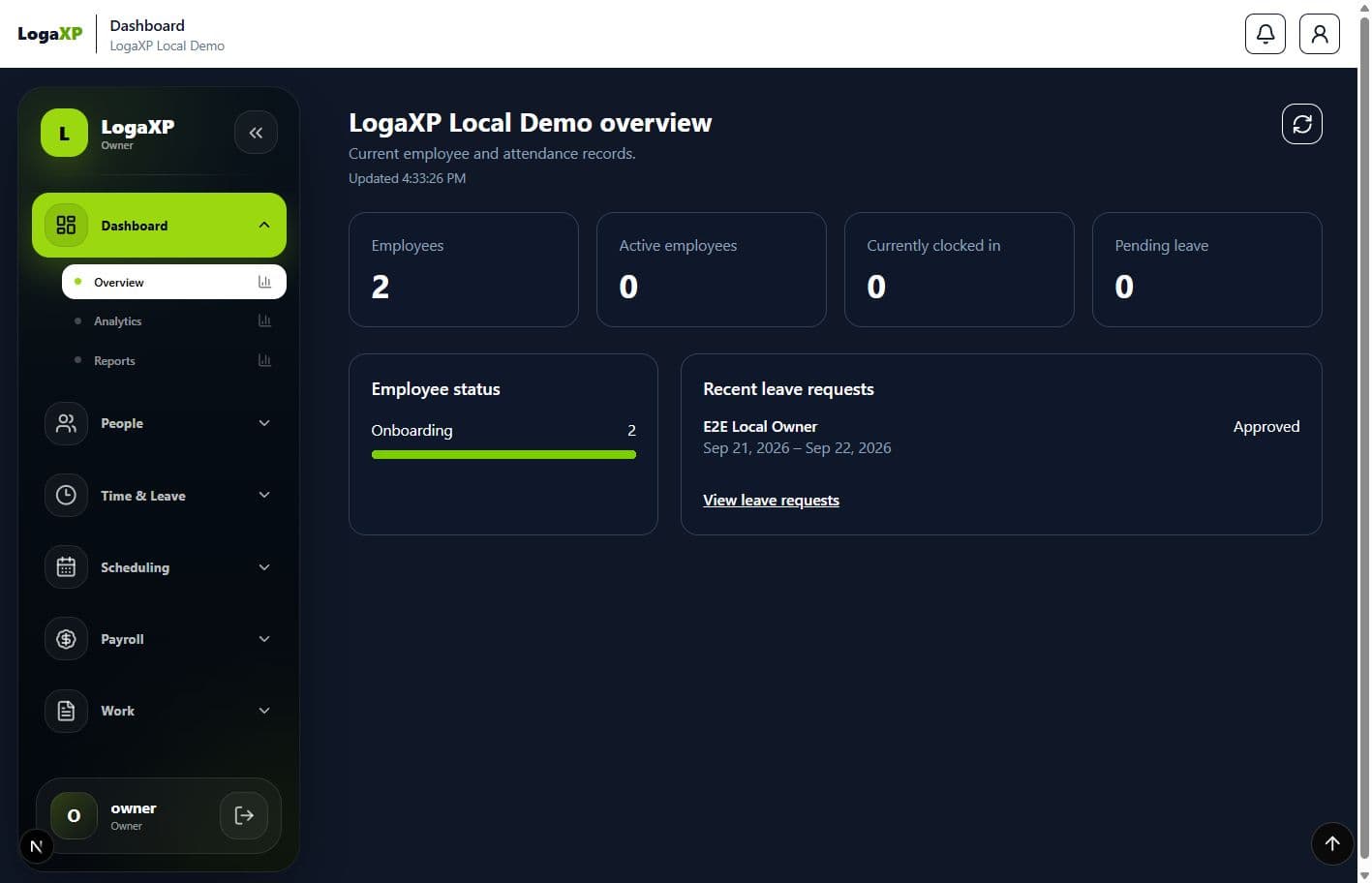 Time & Reporting: actual LogaXP demo workspace