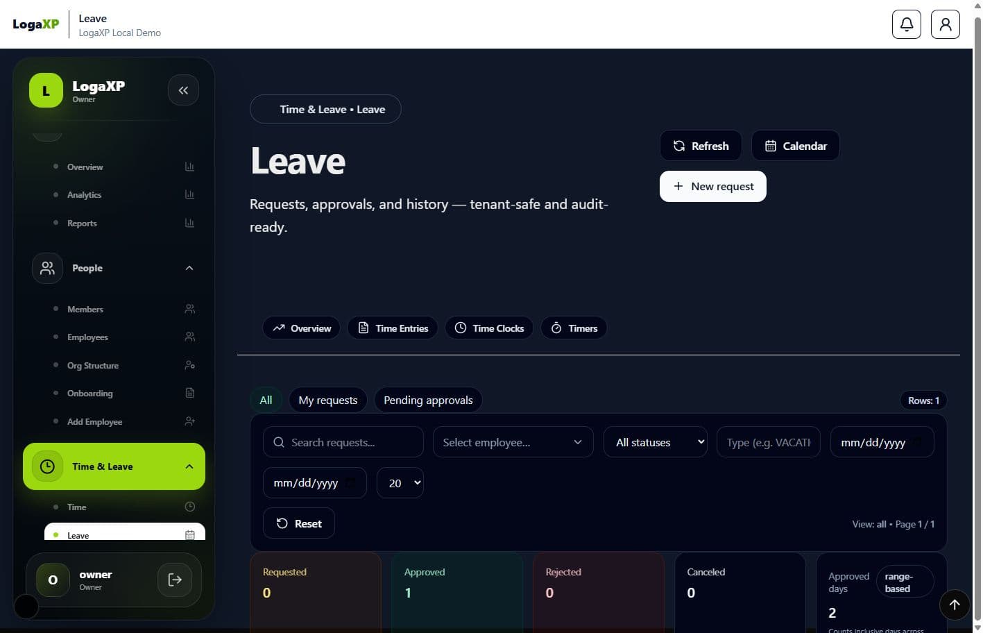 Onboarding & Leave: actual LogaXP demo workspace